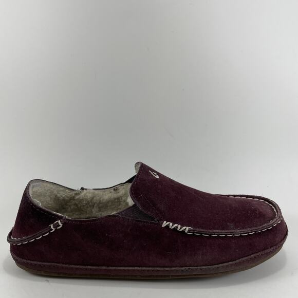 Olukai Nohea Slippers Womens Size 6 Burgundy Suede Slip On Comfort Sherpa Lined - Picture 1 of 9